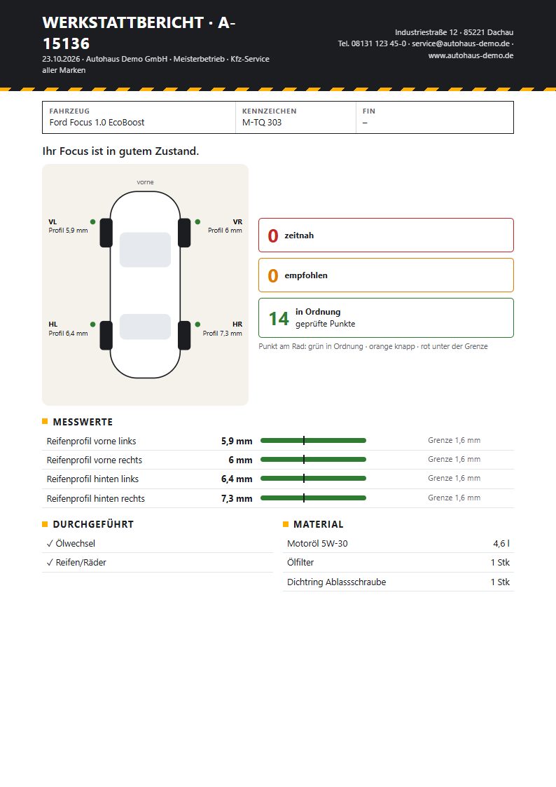 Werkstattbericht als PDF mit Fahrzeugdaten, Reifenprofil je Rad, Messwerten, durchgeführten Arbeiten und Material.