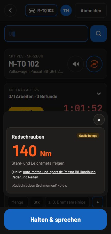 Antwort auf die Frage nach dem Radschrauben-Drehmoment mit Quellenangabe, als Demo-Wert gekennzeichnet.