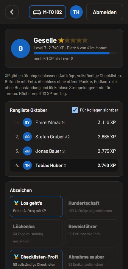 Ränge und Abzeichen in der Monteur-Ansicht mit Level, XP und Rangliste, Demo-Namen.